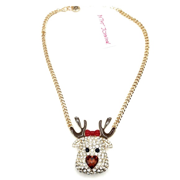 Betsey Johnson Gold Tone Crystal Pave Amber Reindeer Sparkly Pendant Necklace - Picture 2 of 3